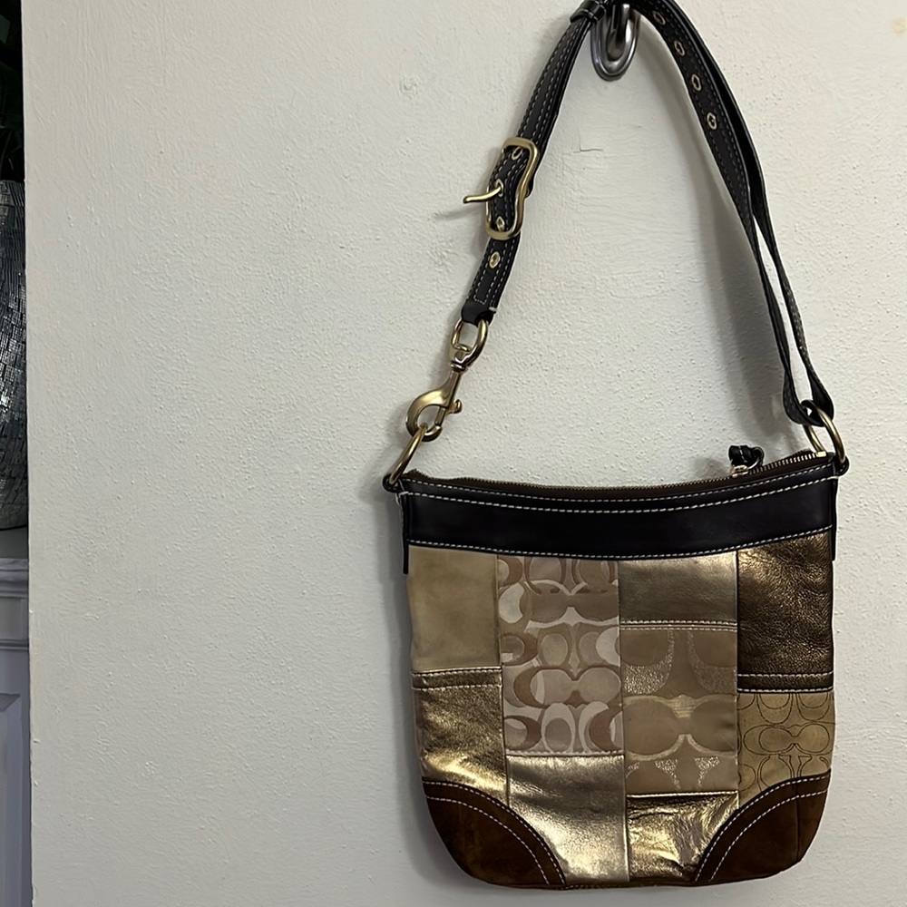 Coach Tan Gold Metallic Patchwork  Signature Handbag Body Bag